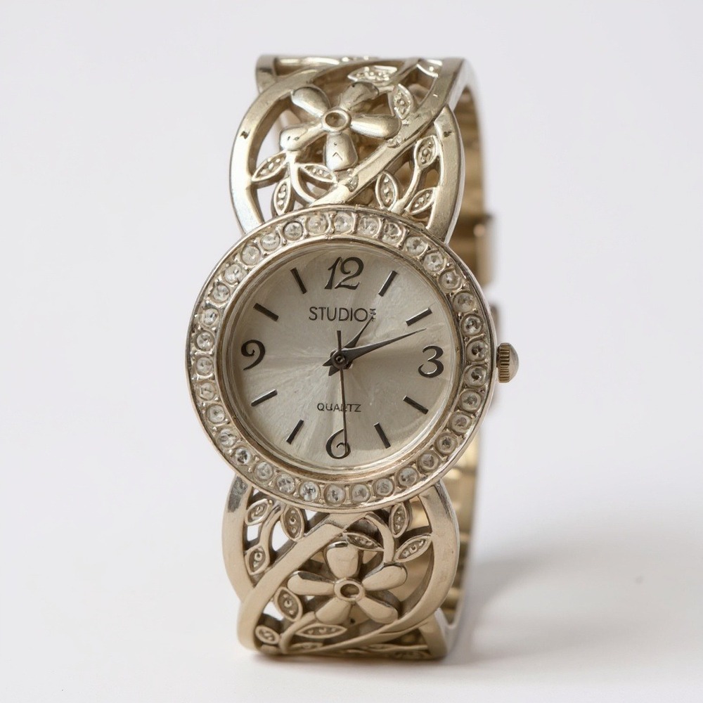 Studio Timepiece Rhinestone Bezel Floral Silver Tone Bangle Cuff Watch